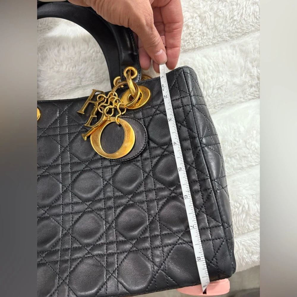 Lady Dior Medium Black Quilted Satchel with Gold Accents